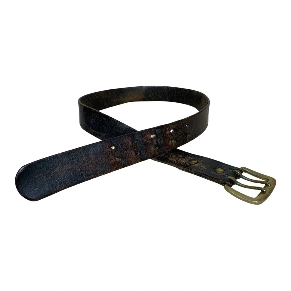 Men’s Vintage Black Leather Belt with Brass Buckle Size 34 in